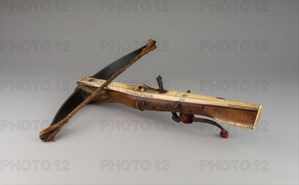 Crossbow, late 17th century, German, Germany, Wood, steel, staghorn, cord, and silk fiber, 14 x 62.2 x 58.4 cm (5 1/2 x 24 1/2 x 23 in.)
