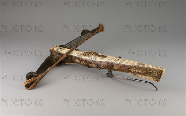 Crossbow, 1732, German, Dresden, Master I.G.H. (Johann Gottfried Hänisch the Elder), Dresden, Steel, walnut, staghorn, bovine horn, bone, silk fiber, and hemp, 12.7 × 62.2 × 59.7 cm (5 × 24 1/4 × 23 1/2 in.)