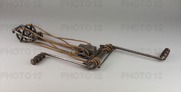 Windlass [pictured on crossbow], late 15th/16th century (possibly 19th century in 15th/16th century style), French, France, Iron and wood, L. 111.8 cm (44 in.)