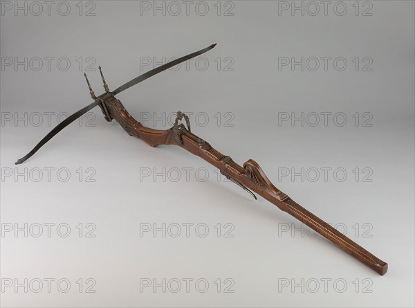 Pellet Crossbow, 1570/1600, Italian or French, France, Steel, iron, gold, cherrywood, and hemp, 17.2 × 105.4 × 69.9 cm (6 3/4 × 41 1/2 × 27 1/2 in.)