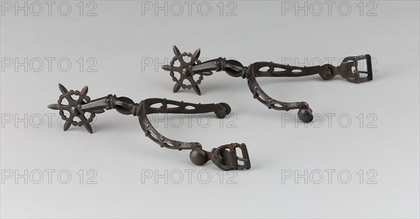 Pair of Spurs, early 17th century, Western European, Western Europe, Iron, L. 16.5 cm (6 1/2 in.), W. 9.5 cm (3 1/4 in.)