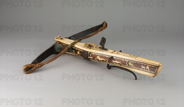 Sporting or Target Crossbow, dated 1586, German, Germany, Fruitwood, steel, iron, staghorn, textile, and cord, 11.4 x 62.2 x 57.8 cm (4 1/2 x 24 1/2 x 22 3/4 in.)