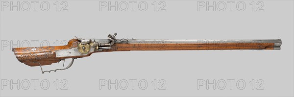 Wheellock Rifle, 1665, Hans Heller (Possibly), Locksmitih, German, Germany, Walnut, iron, brass, and steel, L. 115.5 cm (45 1/2 in.)