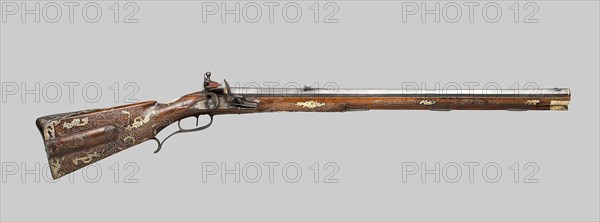 Flintlock Rifle, c. 1750, Barrel: Gotfried, Austrian, Vienna, Vienna, Walnut, steel, gold, and horn, L. 110.7 cm (43 5/8 in.)