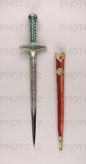 Composite Dagger, Grip (formally a mirror handle): Turkish, 16th century, Crossguard: Turkish, 19th century, Blade: European, probablly Spanish, late 16th–early 17th century, Turkish, Turkey, Nephrite, bloodstone, turquoise, gold, and copper alloy, L. 47.9 cm (18 3/4 in.)