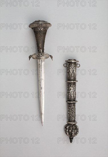 Dagger and Sheath, Scabbard: third quarter of 16th century, dagger: 19th century in 16th century style, German, Germany, Steel, silver, and wood, L. 30.5 cm (12 in.)