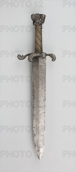 Hunting Hangar with Calendar Blade, blade dated 1534, hilt late 17th century, German, Munich, Munich, Steel with gilding, wood, and brass wire, L. 45.5 cm (17 7/8 in.)