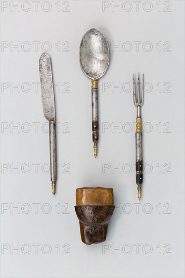 Knife, Fork and Spoon with Cap of a Trousse-Sheath, late 17th century(?), European, possibly Italian, Europe, Iron, horn, and leather