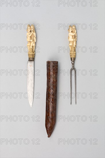 Knife and Fork with Sheath, late 17th century, European, possibly Dutch, Europe, Steel, copper, ivory, and leather