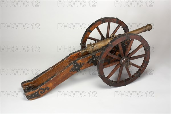 Model Field Cannon with Carriage, 17th century, Italian, Venice, Venice, Bronze, iron, and wood, Length of overall cannon: 31 1/2 in. (80 cm)