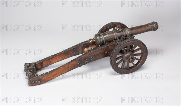 Model Field Cannon with Carriage and Wedge, 1682, Austrian, possibly Dutch, Austria, Bronze, wood, and iron, Overall length of cannon: 22 11/16 in. (58 cm)