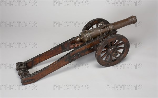 Model Field Cannon with Carriage and Wedge, 1682, Austrian, possibly Dutch, Austria, Bronze and wood