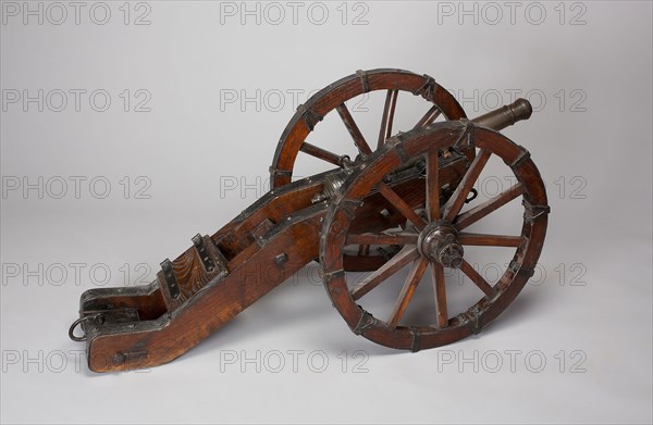 Model Field Cannon with Carriage, 1644, Austrian, Austria, Bronze, iron, and wood, Length overall of cannon: 23 3/8 in. (57.4 cm)