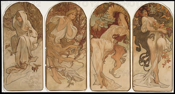 The Seasons, 1897, Alphonse Marie Mucha, Czech, 1860-1939, Czech Republic, Color lithograph on paper, 150 × 430 mm (each panel)