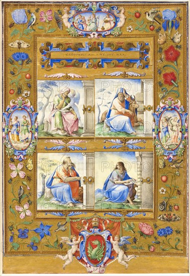 The Four Evangelists, within a Border of Flowers, Birds, and Insects, 1572, Circle of Giulio Clovio, Croatian, active Italy, 1498–1578, Italy, Tempera and gold paint on vellum, in paper montage with pen and brown ink and touches of watercolor, 367 x 250 mm (overall), individual miniatures: 78 x 75 mm (Matthew ), 77 x 75 mm (Mark), 78 x 78 mm (Luke), 78 x 77 mm (John), 343 x 245 mm (border)