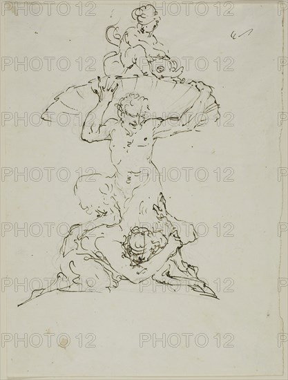 Fountain with Satyr and Putto (recto), Punchinello (verso), n.d., Unknown artist, Italian or French, 18th century, Italy, Pen and brown ink, over graphite (recto), and graphite (verso), on ivory laid  paper, 242 x 181 mm