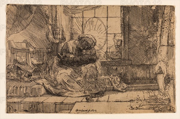 The Virgin and Child with the Cat and the Snake, 1654, Rembrandt van Rijn, Dutch, 1606-1669, Holland, Etching on cream Japanese paper, 91 x 142 mm (image/sheet, cut within plate mark)
