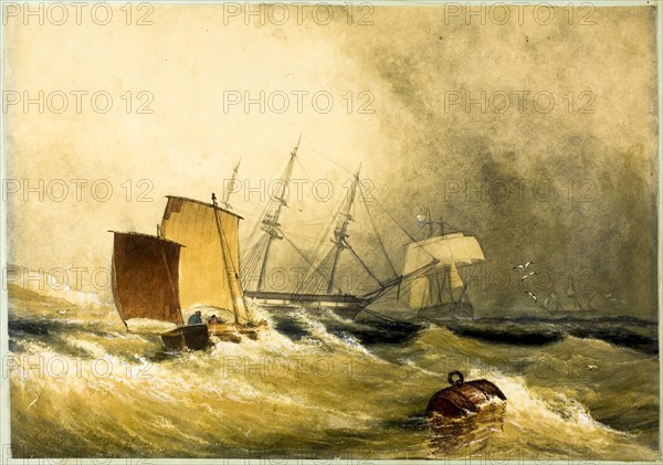 Marine Scene, n.d., possibly or an imitator of Anthony Vandyke Copley Fielding, English, 1787-1855, England, Watercolor and gouache, with scraping, heightened with varnish, over traces of graphite, on cream wove paper, laid down on green wove paper, 244 × 350 mm