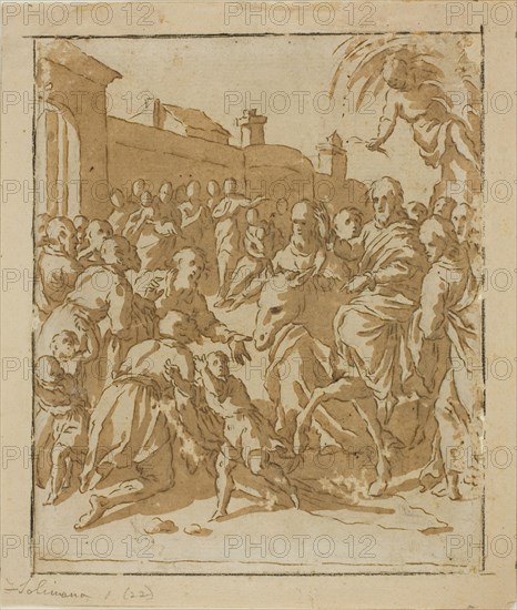 Christ Entering Jerusalem, 1600/10, Marcantonio Bassetti, Italian, 1586-1630, Italy, Pen and brown ink with brush and brown wash, with traces of graphite, on ivory laid paper, laid down on buff laid paper, 174 x 144 mm