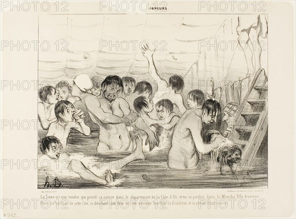 The source of the Seine is the Cote d’Or, and it empties into the Channel. On its way it traverses Paris where the inhabitants escape the summer’s heat and try to find freshness and purity in this river, plate 3 from Les Baigneurs, 1839, Honoré Victorin Daumier, French, 1808-1879, France, Lithograph in black on ivory wove paper, 204 × 270 mm (image), 253 × 342 mm (sheet)