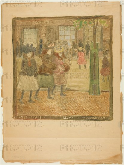 Street Scene, c. 1891–94, Maurice Prendergast, American, 1858-1924, United States, Color monotype on paper, 202 x 200 mm