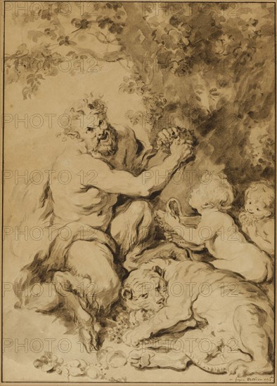 Satyr Pressing Grapes Beside a Tiger, 1774, Jean Honoré Fragonard (French, 1732-1806), after Peter Paul Rubens (Flemish, 1577-1640), France, Brush and brown ink, and brown wash, heightened with traces of white gouache, over graphite, on tan laid paper, laid down on cream laid card, 345 × 246 mm