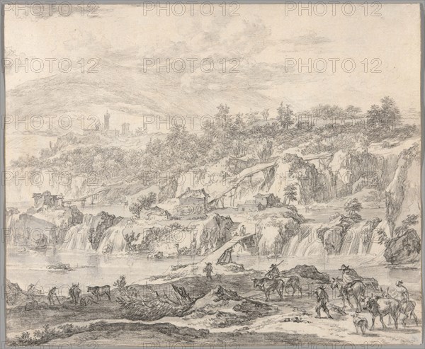 Landscape with Waterfalls and Bridges, Peasants in the Foreground, c. 1670, Nicolaes Berchem, the Elder, Dutch, 1621/22-1683, Netherlands, Black chalk, with brush and black wash, on cream laid paper, 253 x 307 mm