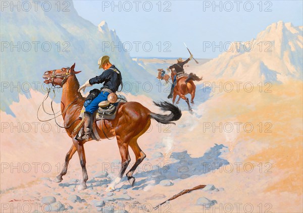 The Advance-Guard, or The Military Sacrifice (The Ambush), 1890, Frederic Remington, American, 1861–1909, New York, Oil on canvas, 87.3 × 123.1 cm (34 3/8 × 48 1/2 in.)