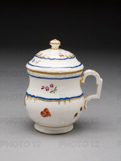 Cream Pot with Lid, 1786, Frankenthal Porcelain Factory, German, founded 1755, Frankenthal, Hard-paste porcelain with polychrome enamel and gilding, H. 9.4 cm (3 11/16 in.) with cover, overall diameter 6.2 cm (2 7/16 in.)