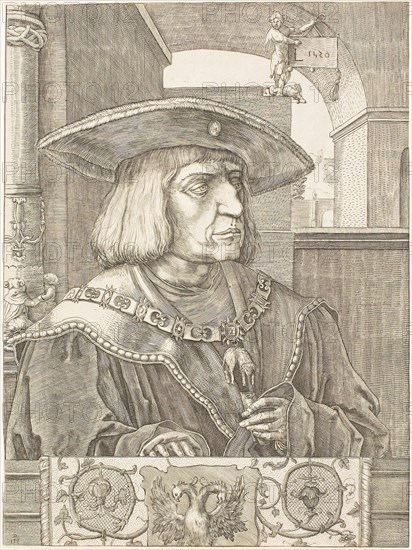 Emperor Maximilian I, 1520, Attributed to Jan Müller (Dutch, 1540-1617), after Lucas van Leyden (Netherlandish, c. 1494-1533), Netherlands, Engraving in black on cream laid paper, 256 x 193 mm (image/sheet, trimmed within plate mark)