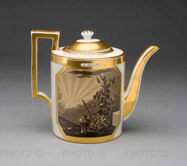 Coffee Pot, Early 19th century, Vienna State Porcelain Manufactory, Austrian, 1744-1864, Vienna, Hard-paste porcelain with grisaille and gilding, H. 14.2 cm (5 19/32 in.), diam. 9.5 cm (3 3/4 in.)