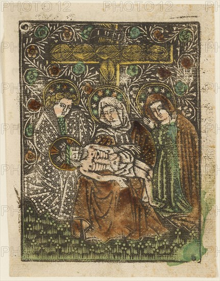 The Pietà, 1460–65, Bavarian, 15th century, Germany, Metalcut in black hand colored with brush and watercolor in yellow, red-brown lake, and green, on ivory laid paper, with manuscript text in pen and brown ink on verso, 100 × 75 mm (plate), 105 × 80 mm (sheet)