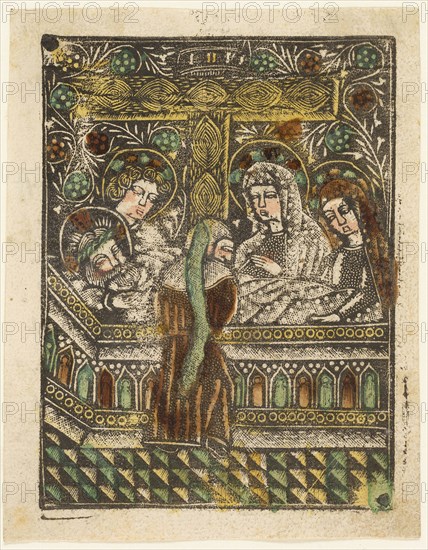 The Deposition, 1460–65, Bavarian, 15th century, Germany, Metalcut in black hand colored with brush and watercolor in yellow, red-brown lake, and green, on ivory laid paper, with manuscript text in pen and brown ink on verso, 100 × 75 mm (plate), 105 × 80 mm (sheet)