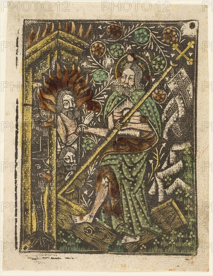 Christ in Limbo, 1460–65, Bavarian, 15th century, Germany, Metalcut in black hand colored with brush and watercolor in yellow, red-brown lake, and green, on ivory laid paper, with manuscript text in pen and brown ink on verso, 100 × 75 mm (plate), 105 × 80 mm (sheet)