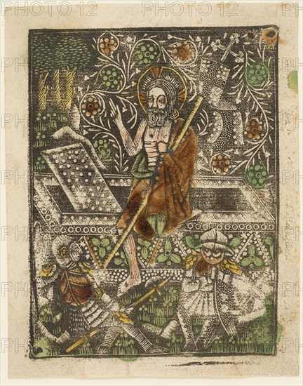 The Resurrection, 1460–65, Bavarian, 15th century, Germany, Metalcut in black hand colored with brush and watercolor in yellow, red-brown lake, and green, on ivory laid paper, with manuscript text in pen and brown ink on verso, 100 × 75 mm (plate), 105 × 80 mm (sheet)