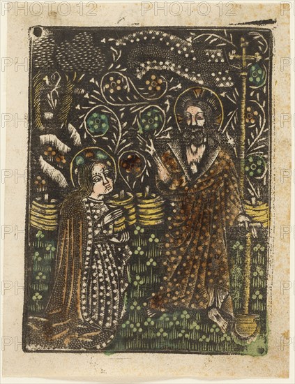 Noli me Tangere, 1460–65, Bavarian, 15th century, Germany, Metalcut in black hand colored with brush and watercolor in yellow, red-brown lake, and green, on ivory laid paper, with manuscript text in pen and brown ink on verso, 100 × 75 mm (plate), 105 × 80 mm (sheet)