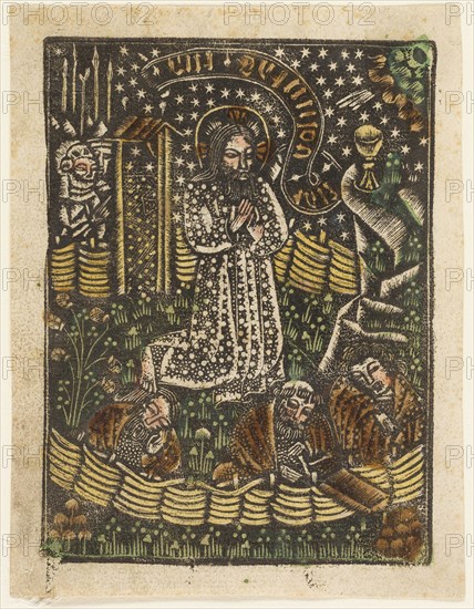 Christ in the Garden of Gethsemane, 1460–65, Bavarian, 15th century, Germany, Metalcut in black hand colored with brush and watercolor in yellow, red-brown lake, and green, on ivory laid paper, with manuscript text in pen and brown ink on verso, 100 × 75 mm (plate), 105 × 80 mm (sheet)