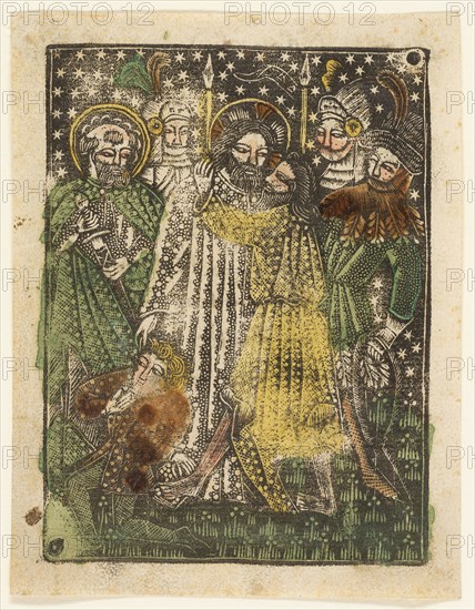 The Capture of Christ, 1460–65, Bavarian, 15th century, Germany, Metalcut in black hand colored with brush and watercolor in yellow, red-brown lake, and green, on ivory laid paper, with manuscript text in pen and brown ink on verso, 100 × 75 mm (plate), 105 × 80 mm (sheet)