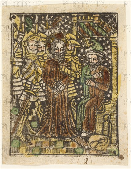 Christ before Annas, 1460–65, Bavarian, 15th century, Germany, Metalcut in black hand colored with brush and watercolor in yellow, red-brown lake, and green, on ivory laid paper, with manuscript text in pen and brown ink on verso, 100 × 75 mm (plate), 105 × 80 mm (sheet)