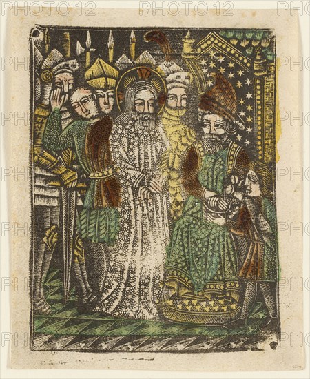 Christ before Pilate, 1460–65, Bavarian, 15th century, Germany, Metalcut in black hand colored with brush and watercolor in yellow, red-brown lake, and green, on ivory laid paper, with manuscript text in pen and brown ink on verso, 100 × 75 mm (plate), 105 × 80 mm (sheet)