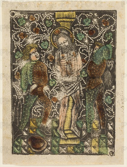 The Flagellation, 1460–65, Bavarian, 15th century, Germany, Metalcut in black hand colored with brush and watercolor in yellow, red-brown lake, and green, on ivory laid paper, with manuscript text in pen and brown ink on verso, 100 × 75 mm (plate), 105 × 80 mm (sheet)