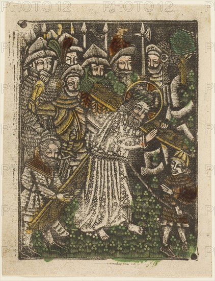 Christ Carrying the Cross, 1460–65, Bavarian, 15th century, Germany, Metalcut in black hand colored with brush and watercolor in yellow, red-brown lake, and green, on ivory laid paper, with manuscript text in pen and brown ink on verso, 100 × 75 mm (plate), 105 × 80 mm (sheet)