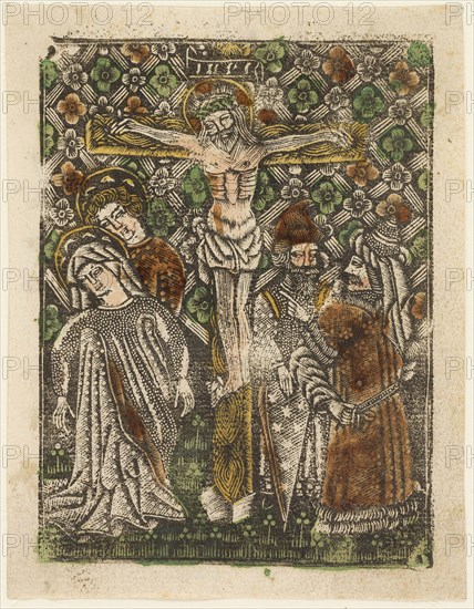 The Death of Christ, 1460–65, Bavarian, 15th century, Germany, Metalcut in black hand colored with brush and watercolor in yellow, red-brown lake, and green, on ivory laid paper, with manuscript text in pen and brown ink on verso, 100 × 75 mm (plate), 105 × 80 mm (sheet)
