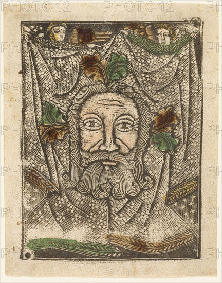 The Sudarium, 1460–65, Bavarian, 15th century, Germany, Metalcut in black hand colored with brush and watercolor in yellow, red-brown lake, and green, on ivory laid paper, with manuscript text in pen and brown ink on verso, 100 × 75 mm (plate), 105 × 80 mm (sheet)