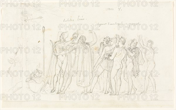 The Archery Match, from the Aeneid, Book V, c. 1823, Anne-Louis Girodet de Roucy-Trioson, French, 1767-1824, France, Black crayon on blue-gray laid paper, 197 × 316 mm