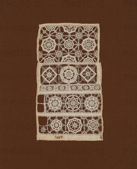 Fragment of a Sampler, 1669, England, Linen, plain weave, cut work with needle lace inserts, cut and drawn thread work embroidered in buttonhole, double hem, hem, and overcast stitches, date embroidered with cotton in cross stitches, Reticella pattern, 38.1 × 21.7 cm (15 × 8 1/2 in.)