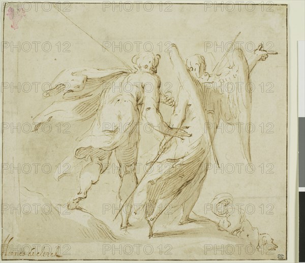 Tobias and the Angel, 1500/77, Michel Joseph Speeckaert (Flemish, 1748-1838), or Hendrik de Clerck (Flemish, 1570-1629), Flanders, Pen and brown ink, with brush and brown wash, on ivory laid paper, 147 × 161 mm