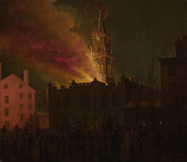 Conflagration of the Masonic Hall, Chestnut Street, Philadelphia, Pennsylvania, 1819, Samuel Jones, American, 19th century, Possibly John Lewis Krimmel, American, born Germany, 1786–1821, United States, Oil on mahogany panel, 48.4 × 60 cm (19 1/6 × 22 1/6 in.)