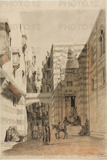 Egyptian Street Scene, 1842/47, Charles François Eustache, French, 1820-1870, France, Black Conté crayon, with red chalk, graphite and stumping, on cream laid paper, 453 × 305 mm