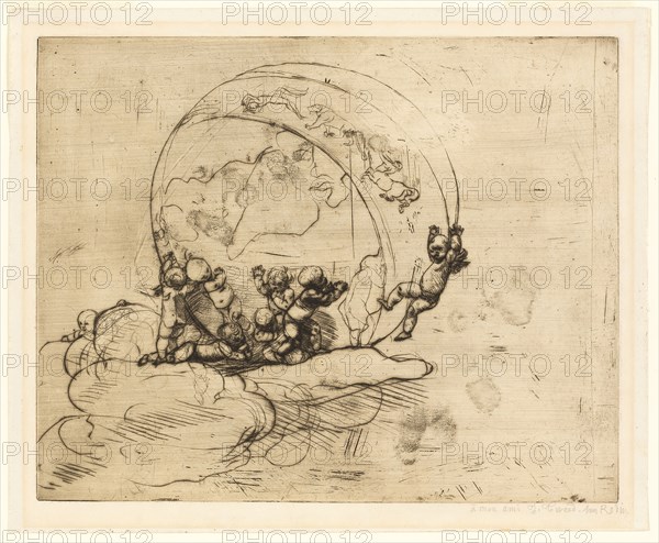 Love Turning the World, 1881, Auguste Rodin, French, 1840-1917, France, Drypoint on ivory laid paper, 200 × 250 mm (image), 200 × 250 mm (plate), 226 × 275 mm (sheet)